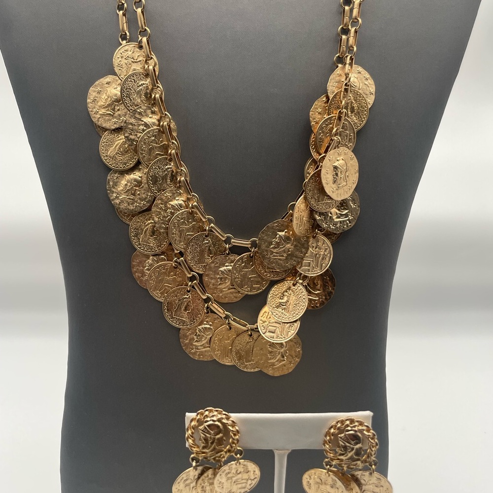 Vintage Coro 2 Strand Gold Tone Coin Necklace and Earring Set